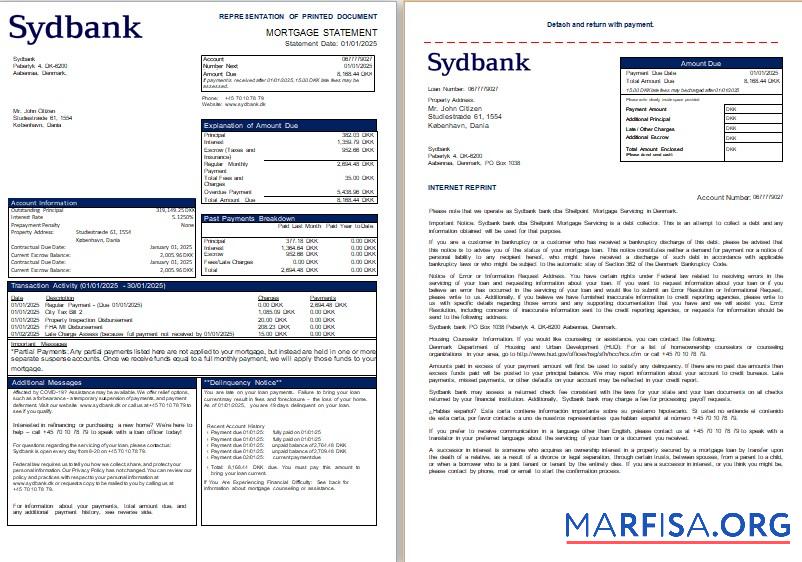 Printable Denmark Sydbank bank mortgage statement, 3 pages, 1 2 scr template